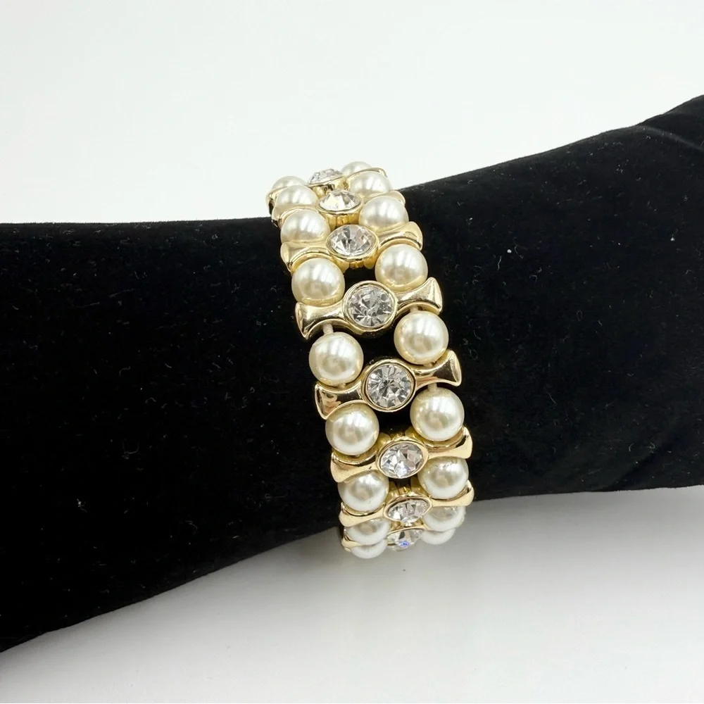 Monet Gold Tone Rhinestones Faux Pearl Stretch Bracelet